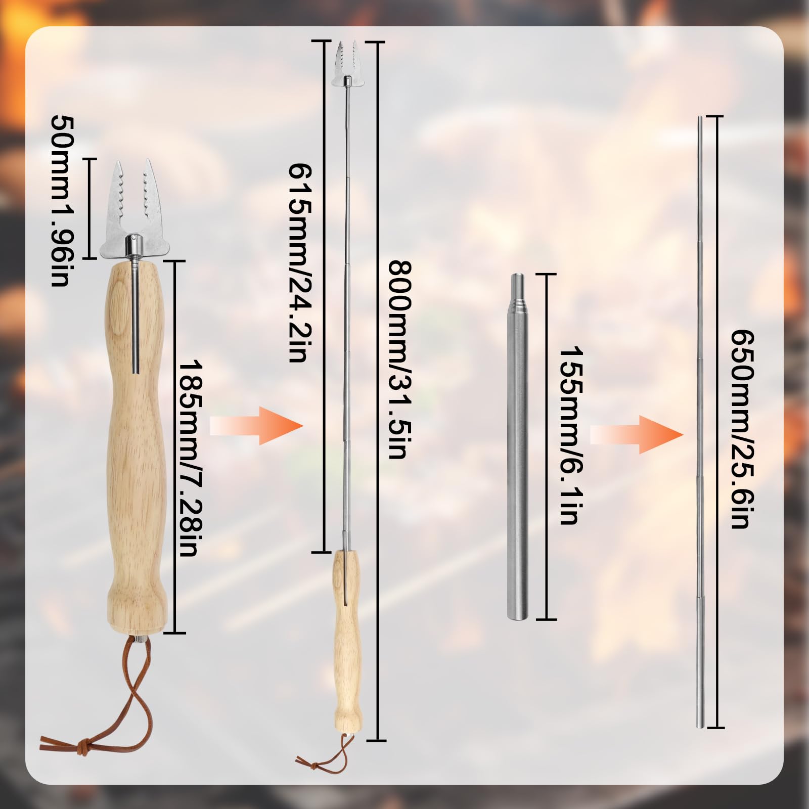 FAELNK Grillspieße Edelstahl Ausziehbar Holzgriff mit Teleskop Blasrohr Grillgabel Ausziehbar 81cm für BBQ Hotdog Teleskop Camping Lagerfeuer Zubehör Ausziehbar Grillgabel