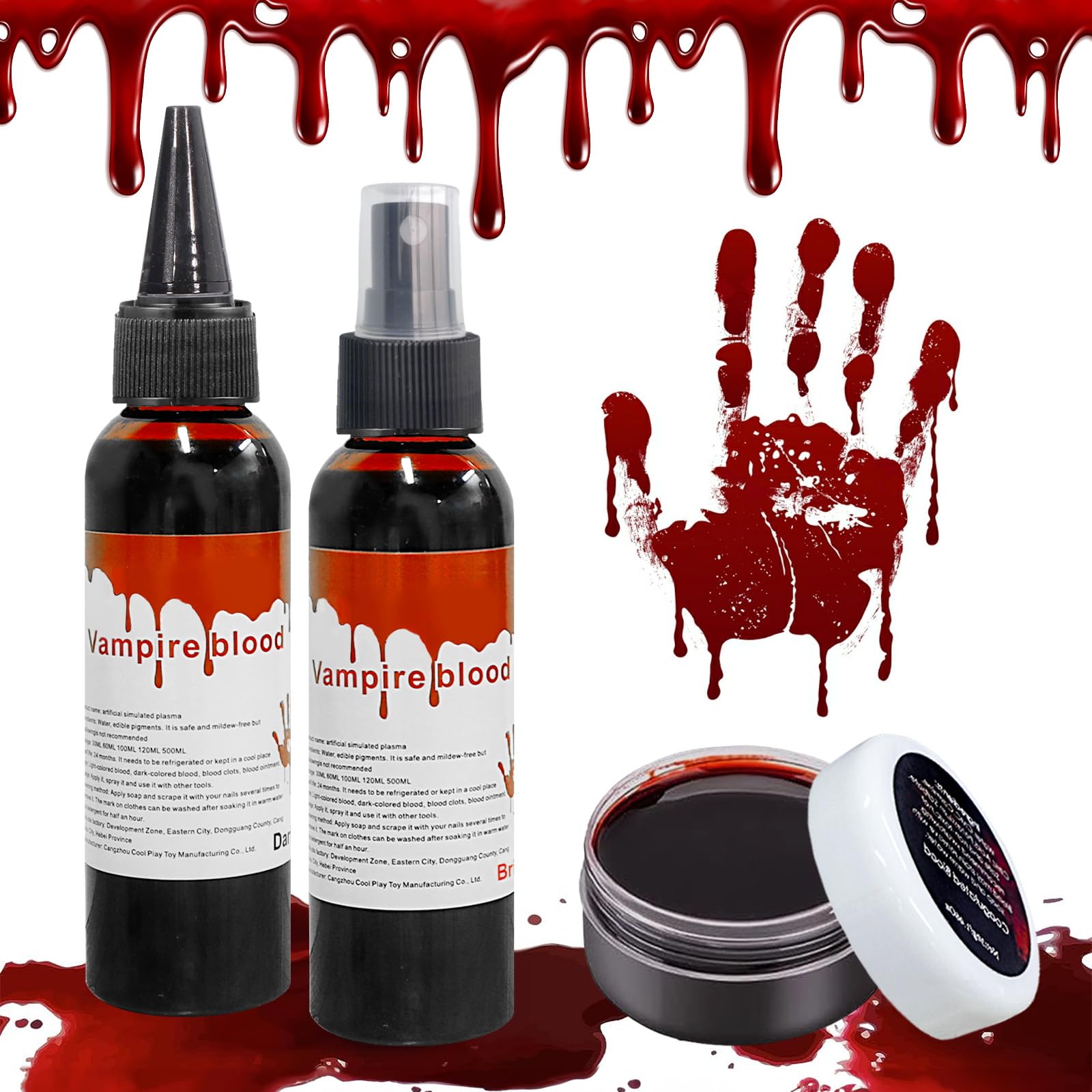 Halloween Fake Blood Makeup Kit 3PCS Fake Blood Spray (2.03oz) Coagulated Blood (1.06oz) Dripping Blood (2.03oz) Blood Splatter Vampire Blood Halloween Liquid Blood for Clothes Zombie Monster