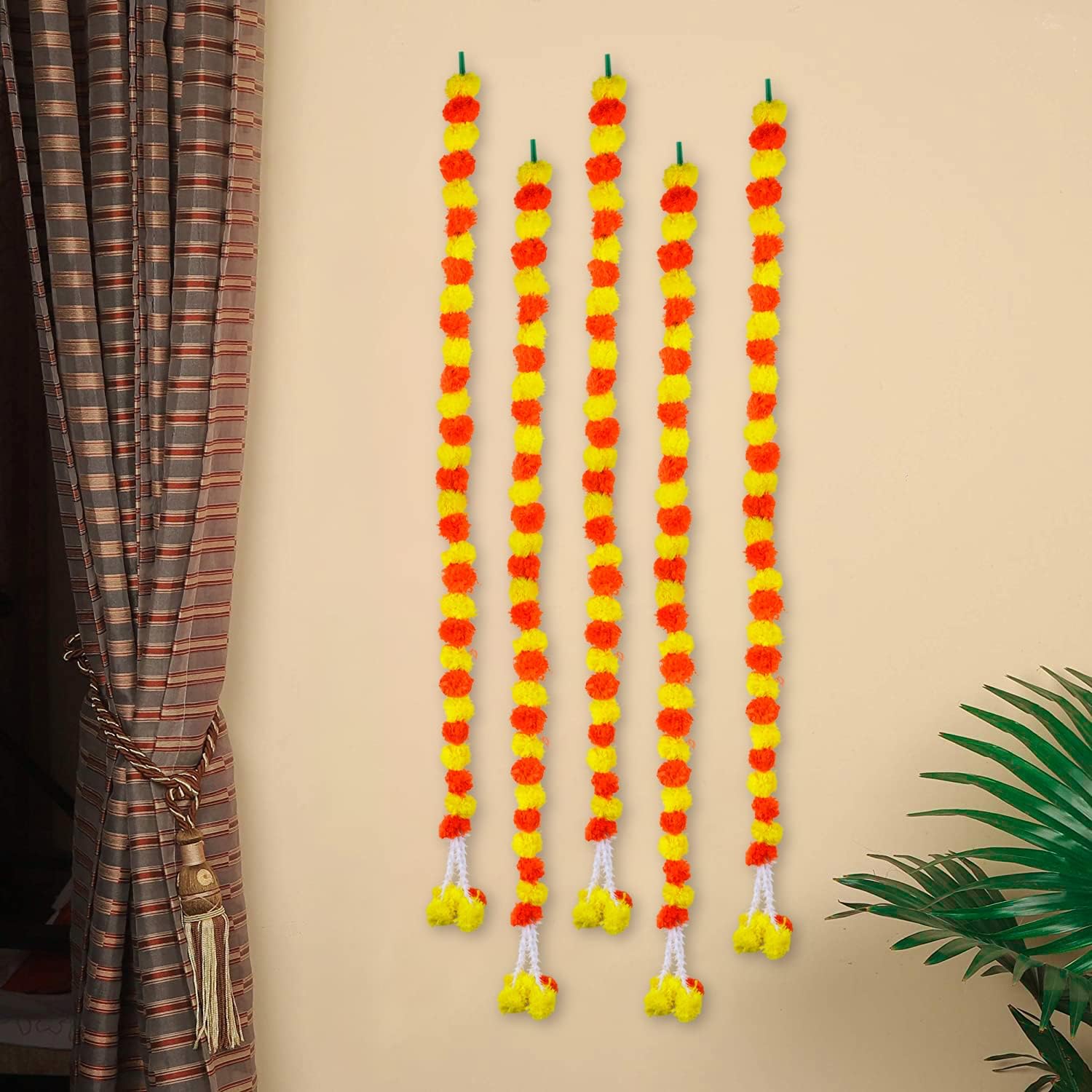 SATVIK 5 Pc Artificial Yellow-Orange Color Marigold Garland Strings/Latkans 52 Inch Long Door/Wall Hanging Faux Garlands Indian Décor for Pooja, Christmas, Wedding, Toran, Diwali, House Warming