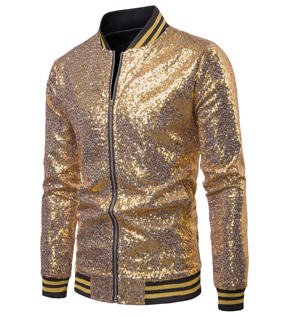 suanretMen's Sequin Jacket Zip Blazer Baseball Tops Sparkle Metallic Nightclub Long Sleeve Down 70s Disco Varsity Bomber Shirt Party Costume (S, Gold)