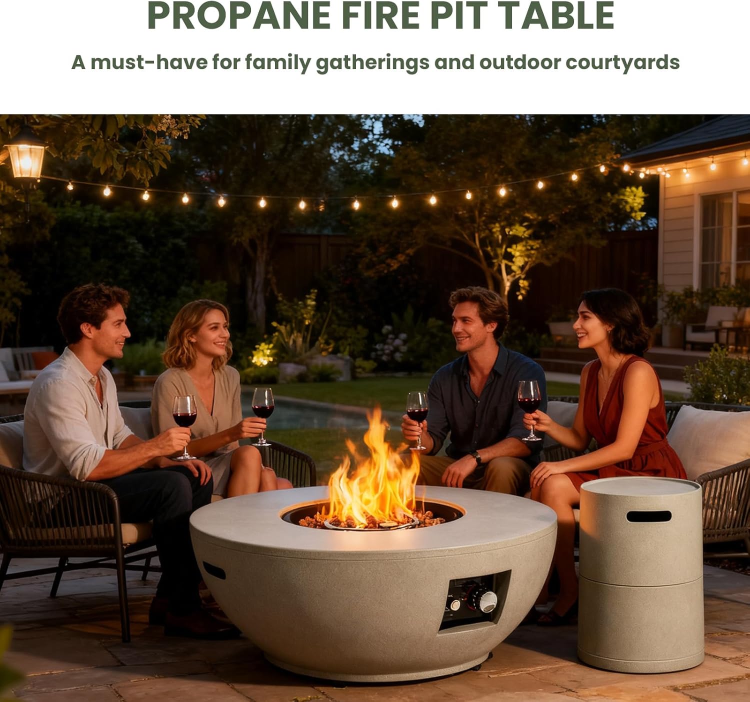 37" Propane Gas Fire Pit Table - 50,000 BTU Smokeless Burner, Pulse Ignition & Two-Level Adjustment, Grey Round Steel Fire Pit with Tank Holder, All-Weather Concrete Finish