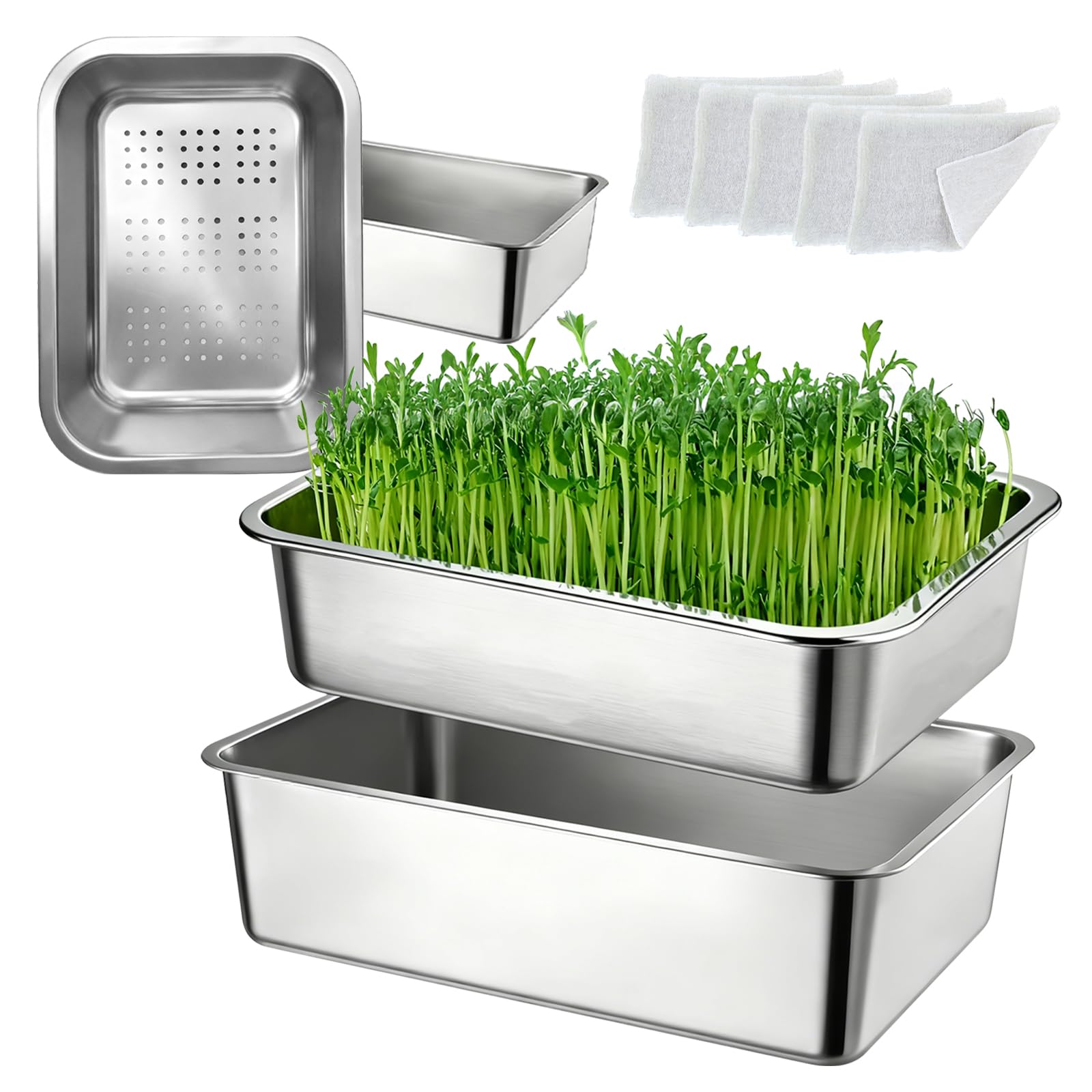 BRGD Juego de 2 Bandejas de Germinación, Bandejas de Acero Inoxidable para Cultivo de Brotes con Tela para Plántulas para Judías Verdes, Hierba Gatera, Vainilla y Perilla