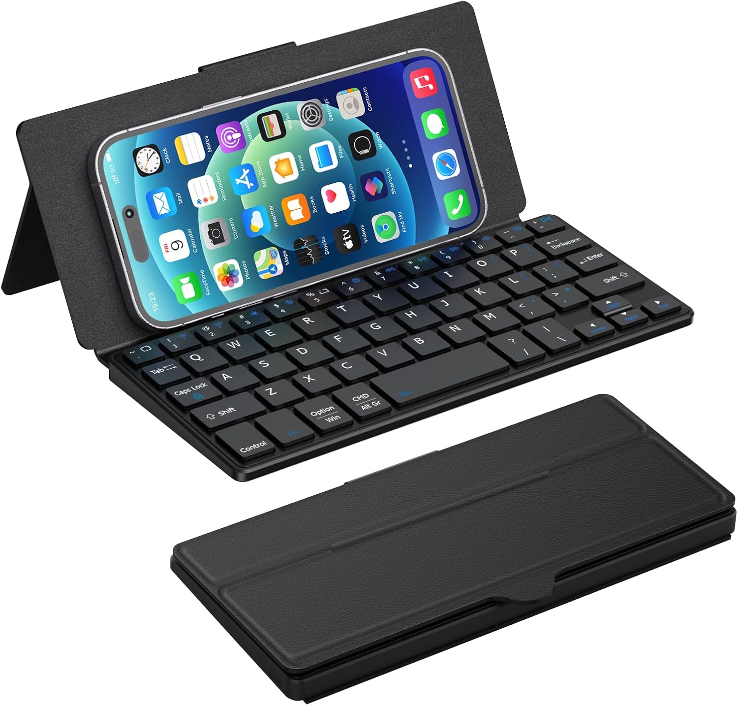 Doohoeek Universal Bluetooth Keyboard for Samsung Galaxy Z Fold, iPad mini 7 2024 & Phones, Dual Bluetooth Mini Keyboard with Any-Angle Kickstand & Leather Cover for Android, Windows and iOS Black