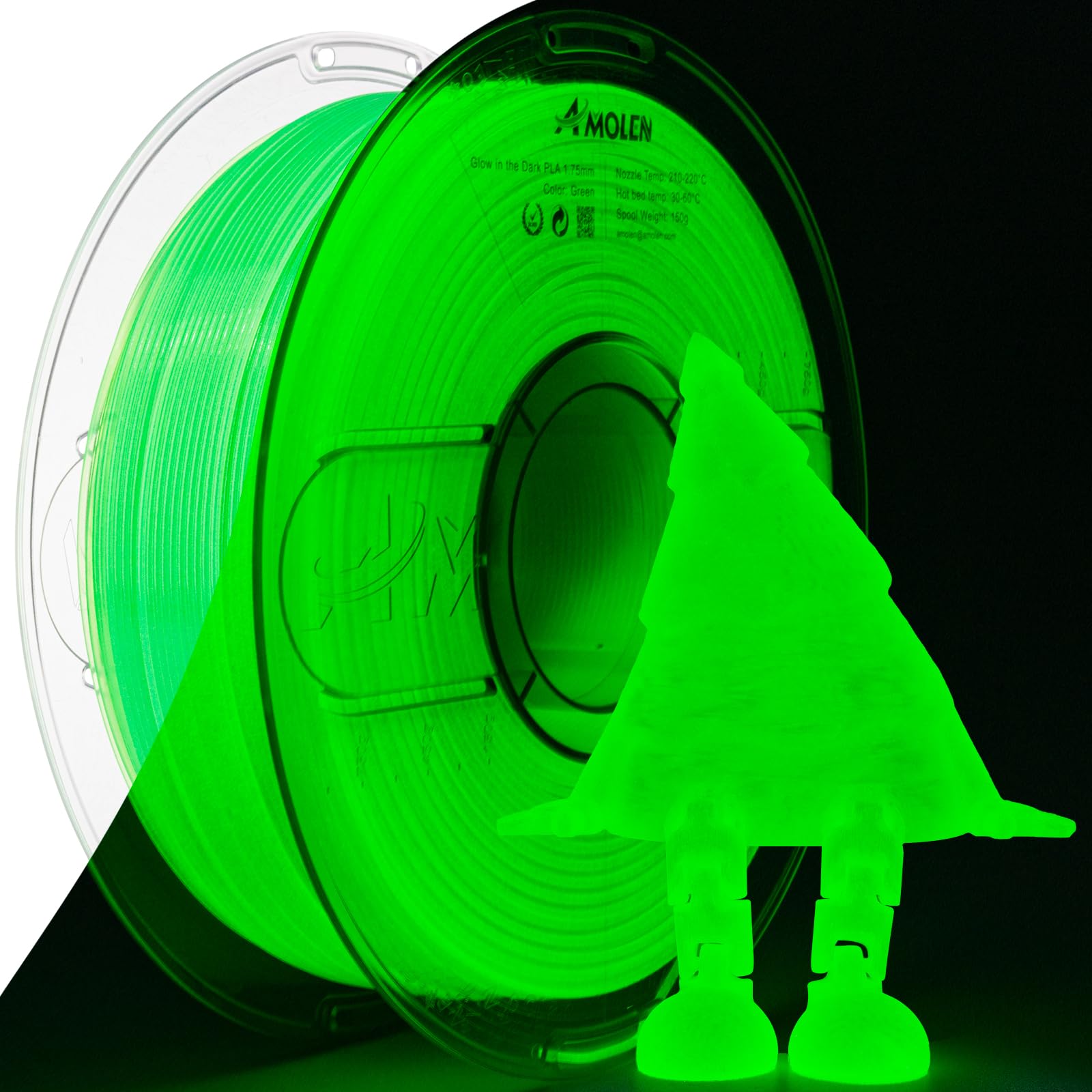 AMOLEN 3D PLA Printer Filament, 1.75mm Glow in The Dark Green PLA Filament for 3D Printing, Best with UV Lamps, 1kg Spool (2.2lbs), Dimensional