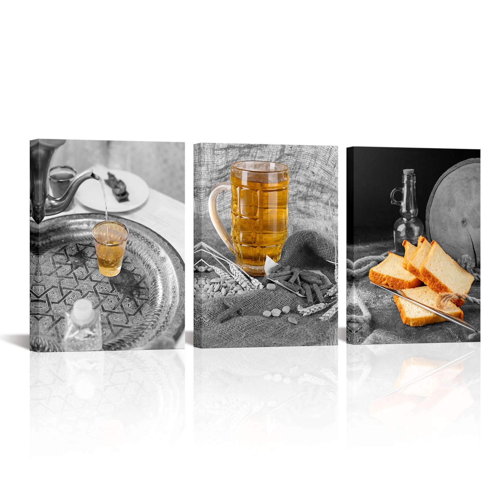 FuShvre 3 Panel Dining Room Canvas Art Wall Decor Food Kitchen Picture Painting Grey and Yellow Prints for Home Restaurant Gallery Wrapped 12"x16"