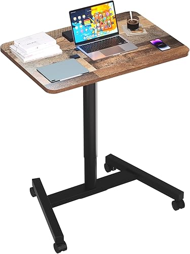 Escritorio de pie ajustable para laptop de 28 pulgadas de altura con ruedas, ajustable para portátil, carrito de escritorio móvil (madera)