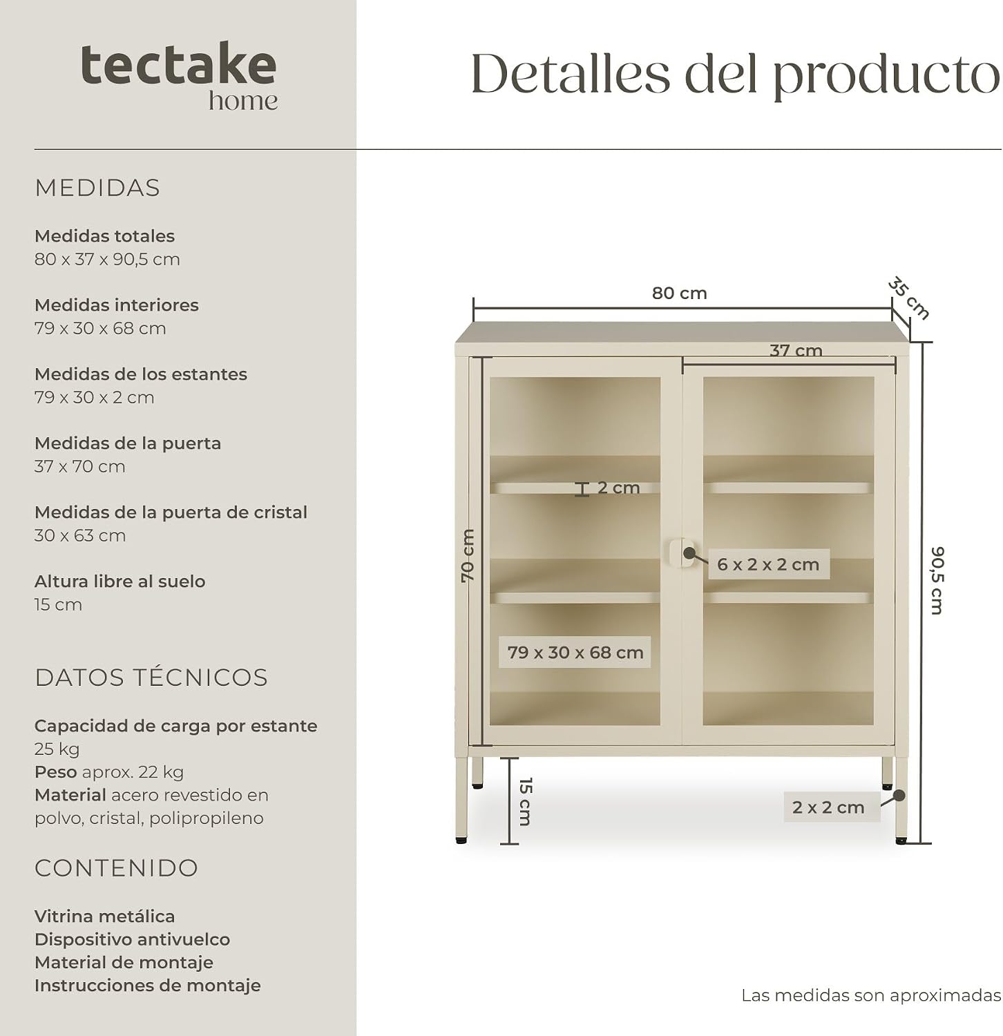 Diagram showing the dimensions of the tectake Metal Display Cabinet