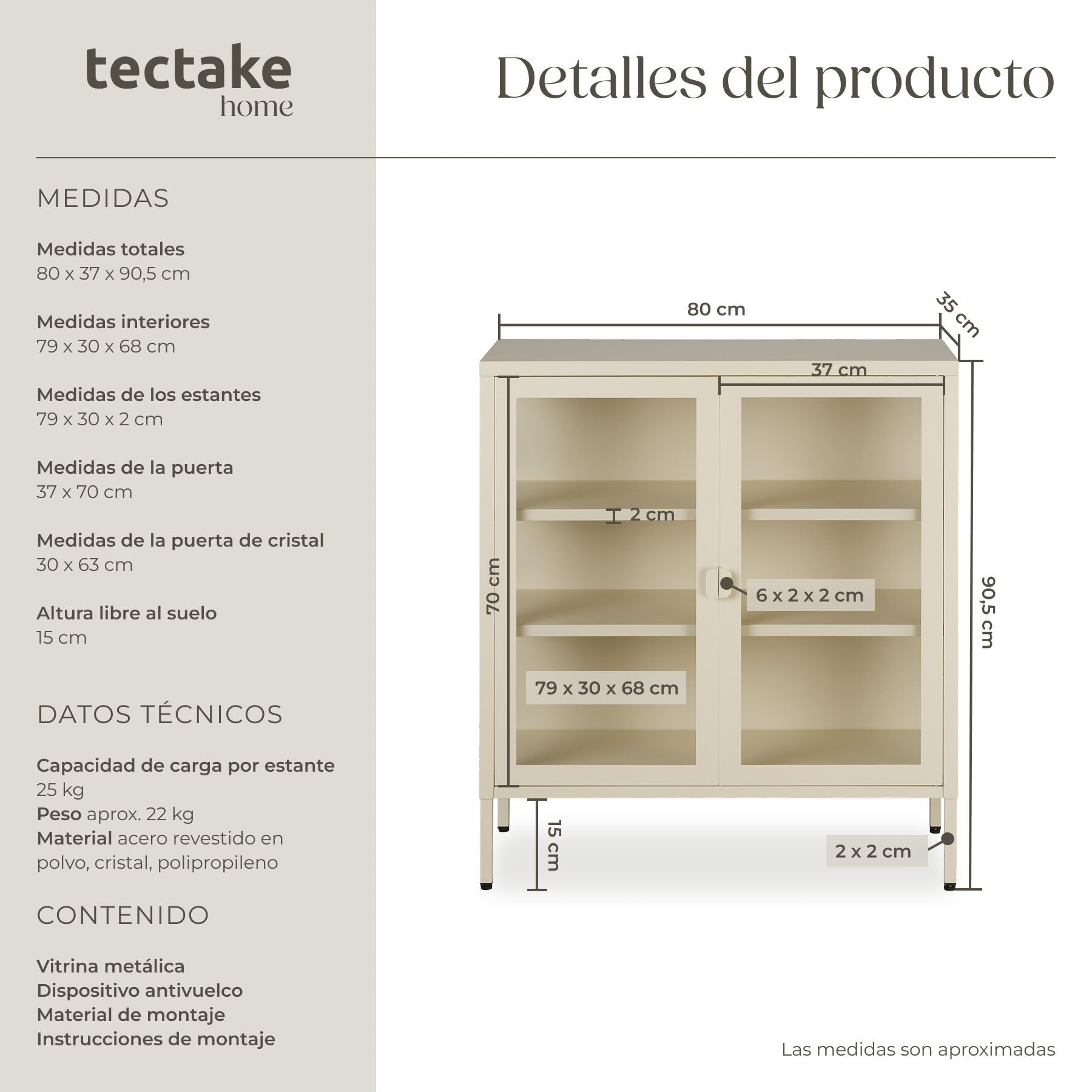 tectake® Vitrina Expositora con Puertas de Cristal con Cierre Magnético, Mueble Baño con Estantes Ajustables, Estanterias Almacenaje con Patas Ajustables, Estanteria - Crema