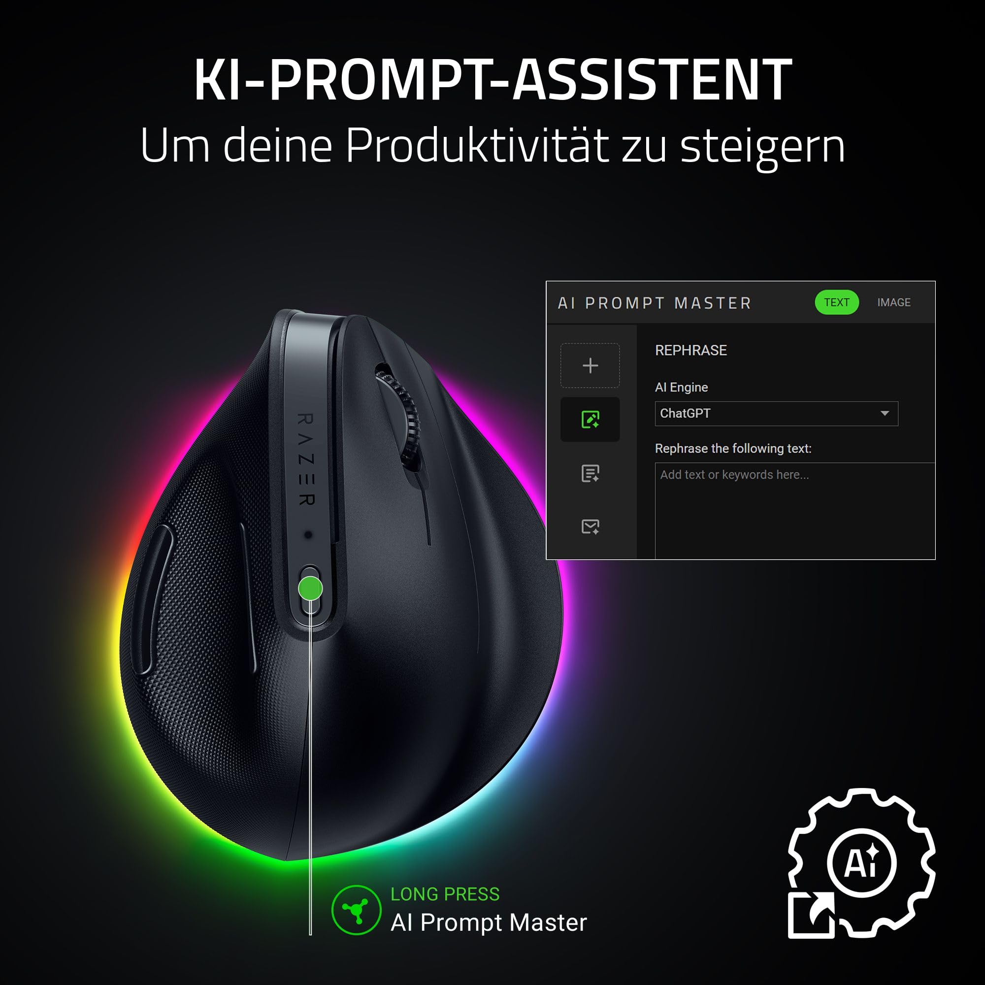 Razer Pro Click V2 Vertical - Vertikale ergonomische kabellose Maus für Rechtshänder - KI Prompt Assistenz - 30K Optical Sensor - Windows & Mac (bis zu 6 Monate Akku-Leistung, 9 Tasten) Schwarz