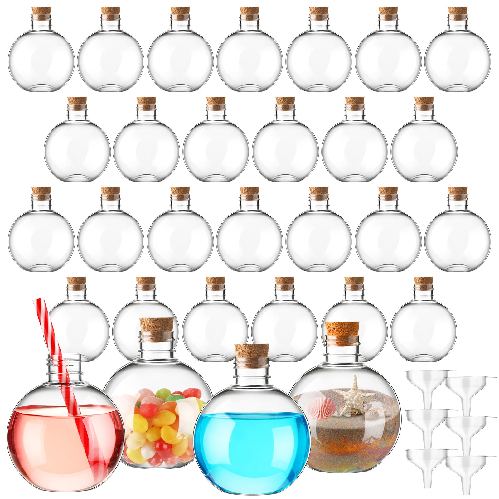 Jinei 30 Pcs 6 oz Ball Shape Plastic Sand Art Bottles Spherical Clear Plastic Potion Bottles Christmas Cocktail Ornament Balls for DIY Wedding Party Gift Crafts Decoration(Wood Color, Cork)