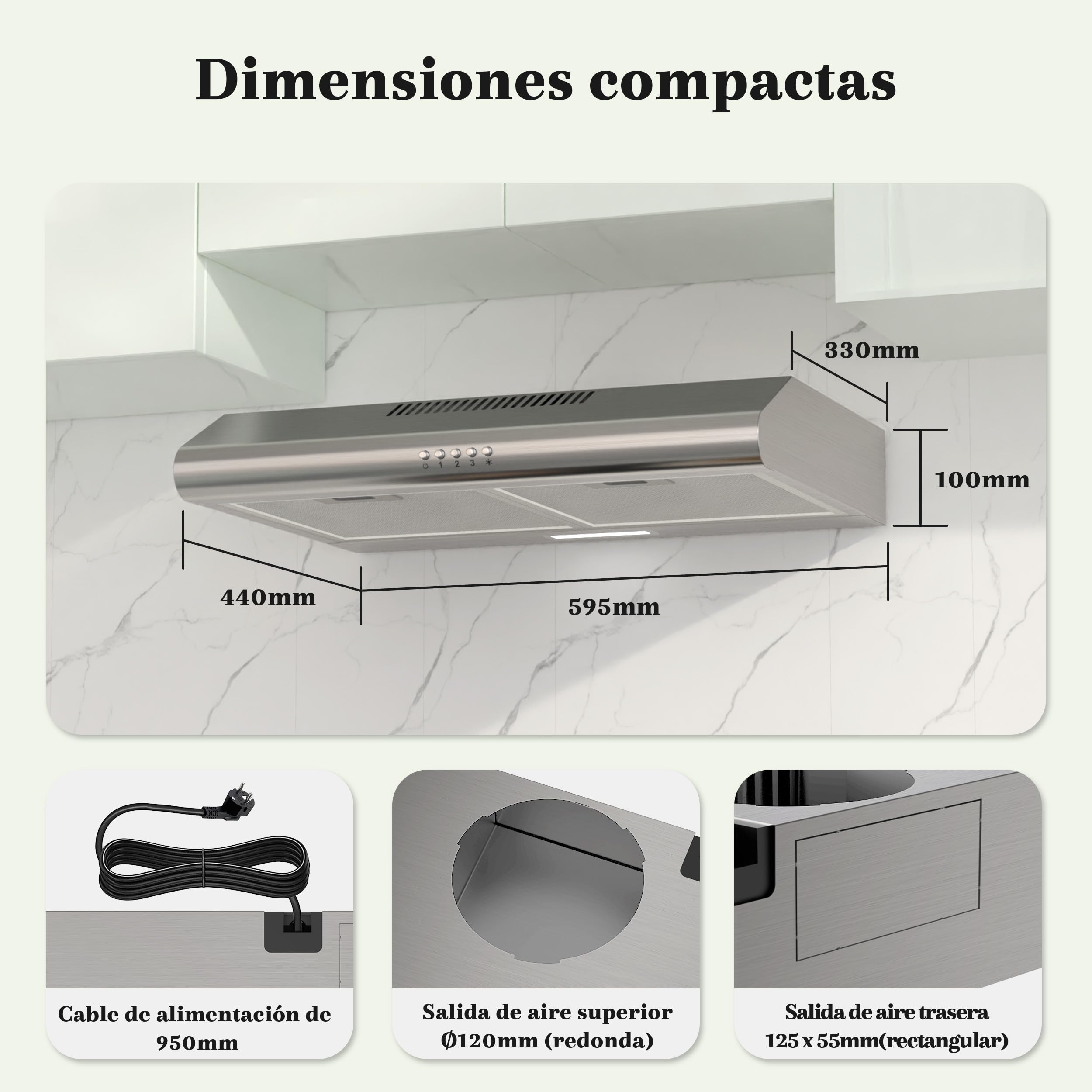 FIREGAS Campana Extractora 60cm A++, Motor Brushless Silencioso 46dB, Capacidad 319m³/h, Acero Inoxidable, Salida Superior/Trasera o Recirculación, Incluye 2 Filtros de Carbón