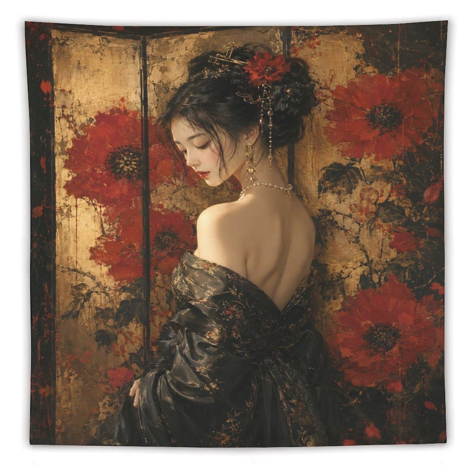 W7C8U2X3 Red Poppy Woman Gold Wall Tapestry, Impressionist, College Dorm