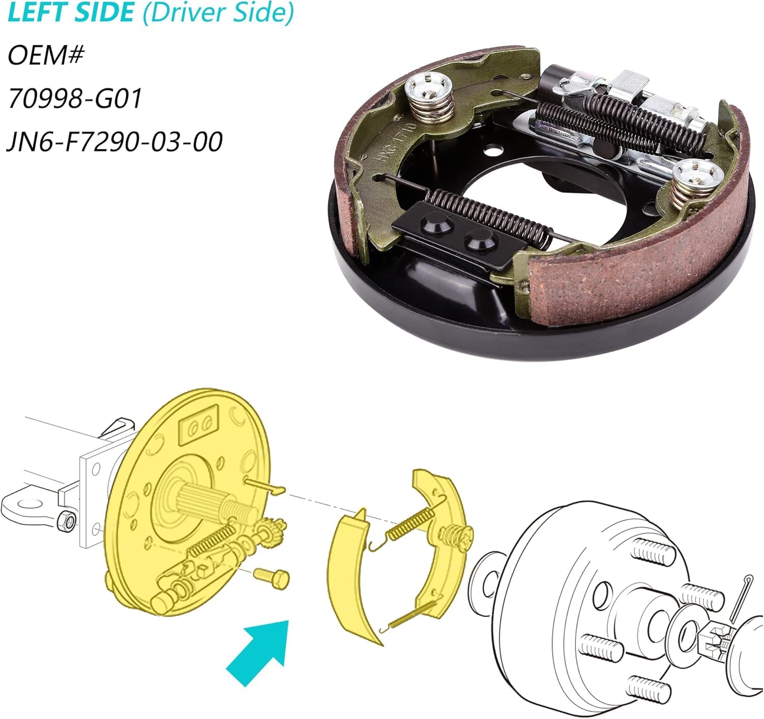 10L0L Golfwagen-Bremse mit Bremsbacken für EZGO TXT PDS & für Yamaha G9 G14 G16 G19 G20 G21 G22, Fahrerseite, OEM# 70998-G01