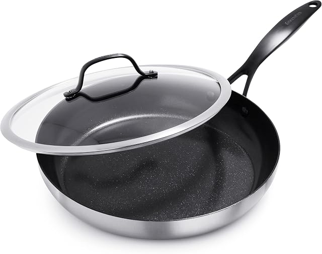 GreenPan Venice Pro Noir trójwarstwowa patelnia ze stali nierdzewnej, zdrowa, ceramiczna, nieprzywierająca, 30 cm, czarny matowy, bez PFAS, indukcyjna, nadaje się do piekarnika, srebrna