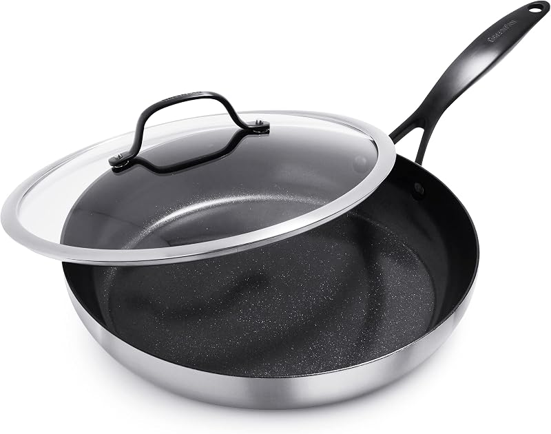 GreenPan Venice Pro Noir Sartén antiadherente de cerámica saludable de tres capas de acero inoxidable de 12.0 in con tapa, mango negro mate, sin PFAS, revestimiento múltiple, inducción, apto para lavavajillas, apto para horno, plateado