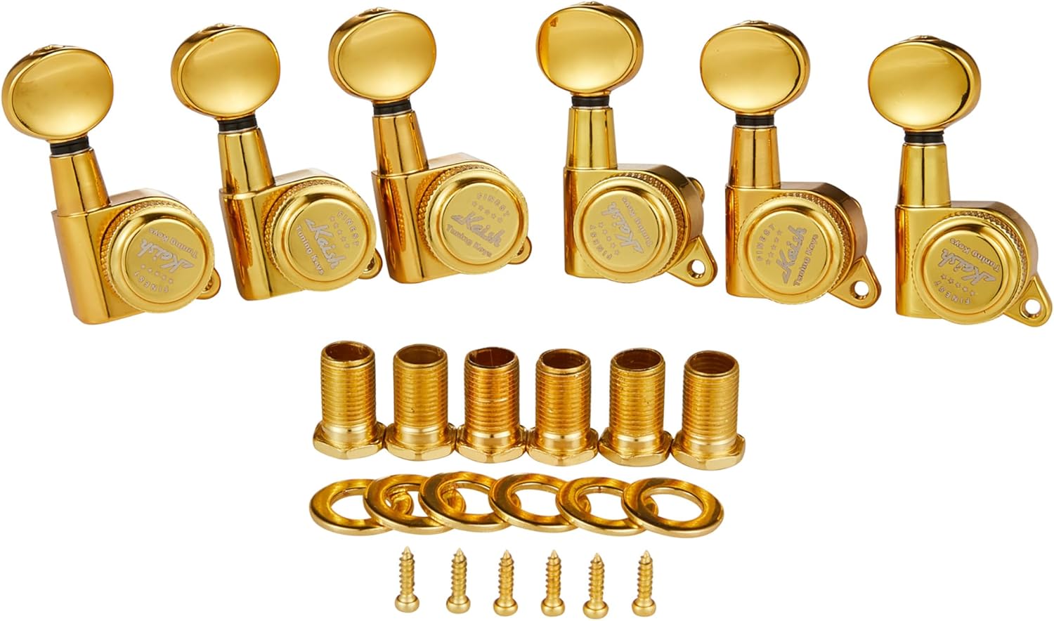 KAISH 6 Inline 18:1 Locking Tuners Tuning Keys Guitar Locking Tuning Machines with Mini Oval Buttons for Strat/Tele/Electric Guitars Gold