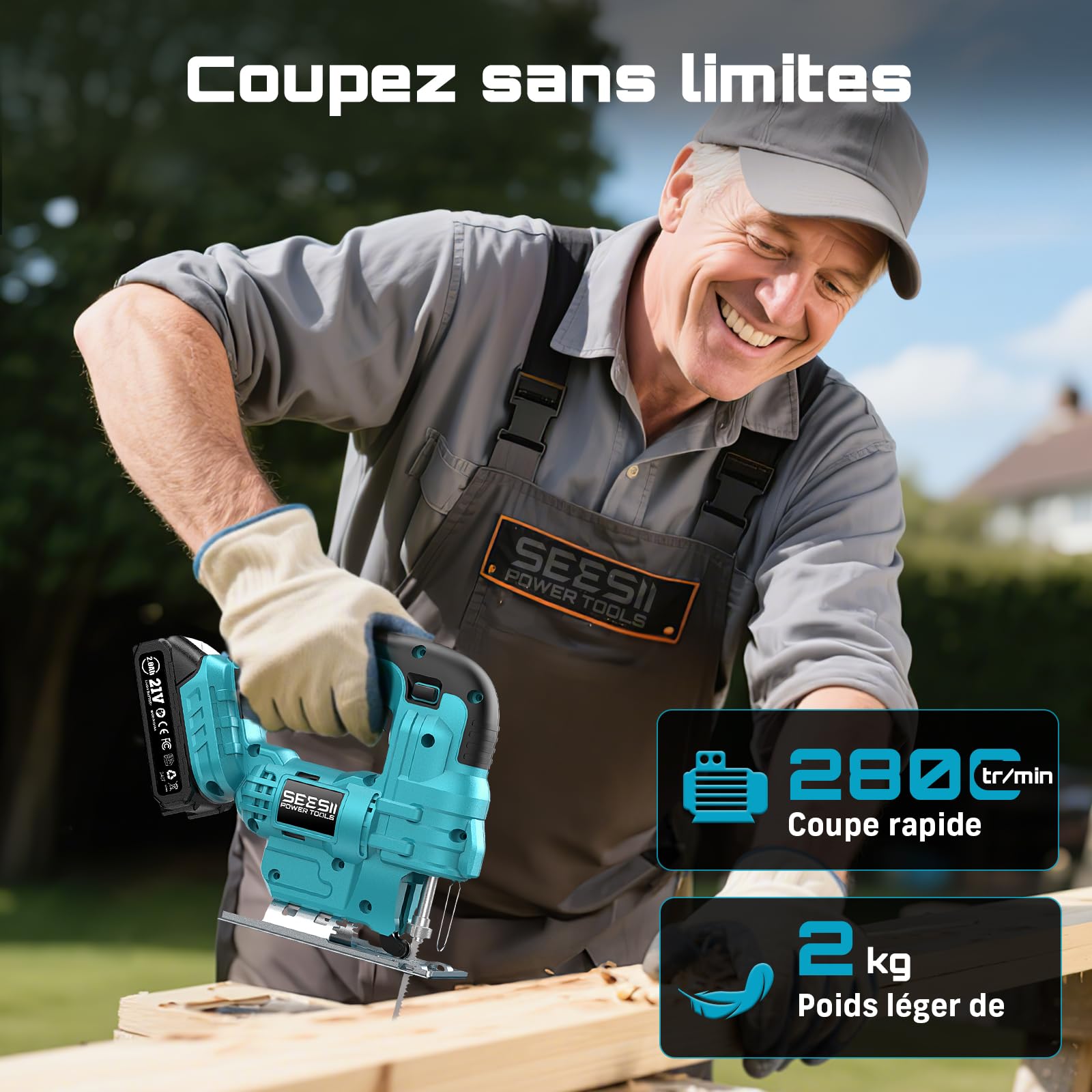 Seesii Scie Sauteuse Sans Fil 21V, Scie Sauteuse Électrique avec 2 × 2.0Ah Batteries, 2800 RPM Vitesse Variable pour la Coupe du Bois, 0°-45° Coupe en Biseau, Lumière LED, 4 Réglages Orbitaux
