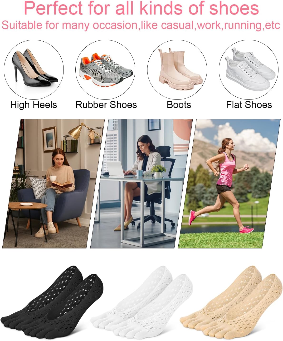 6 Pair Bunion Relief Socks, Toe Alignment Compression Toe Separator Socks, No Show Low Cut Liner Five Finger for Women & Men Bunion - Image 7