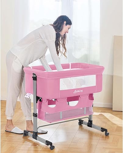 Miniatura 5 de Ihoming Moisés para bebé, cuna lateral con cesta de almacenamiento, cuna plegable fácil, cama ajustable para bebé recién nacido, rosa puro