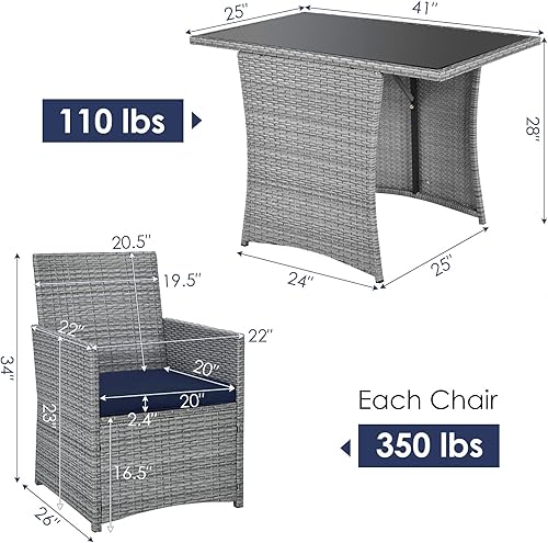 Miniatura 4 de Tangkula Patiojoy - Juego de comedor de 3 piezas de ratán de polietileno que ahorra espacio, con mesa superior de vidrio templado y sillas