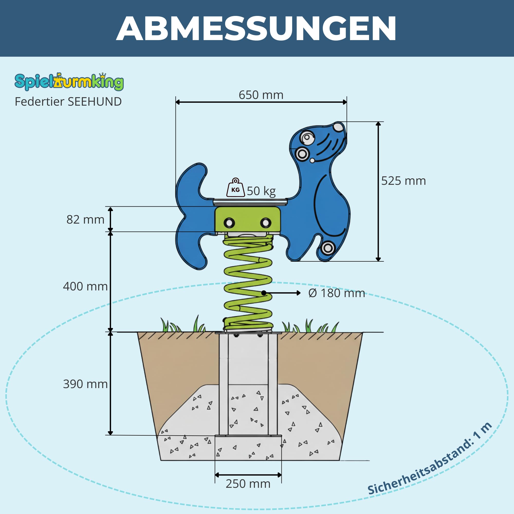Federwippe Seehund Schaukelwippe DIN EN 1176 geprüftes | Wipptier für öffentliche Spielplätze, Kindergarten und Kommunen aus HDPE Kunststoff Federtier inkl Bodenanker