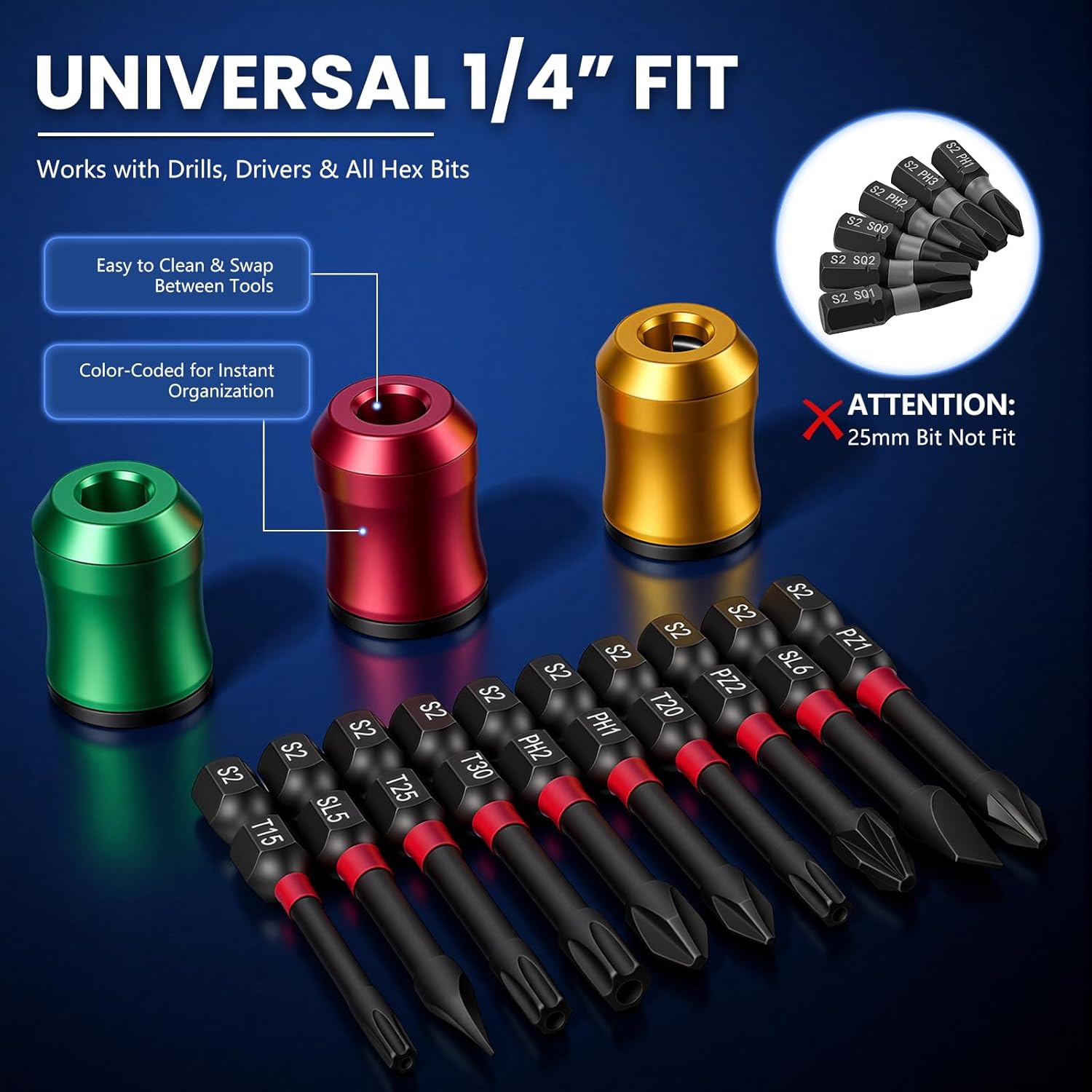 1/4 Inch Universal Screwdriver Bit Holder, 3PCS Magnetic Screw Ring for Drill & Hex Screwdriver, Color-Coded Removable Magnetic Drill Bit Holder with Anti-Slip Grip (Red/Yellow/Green)