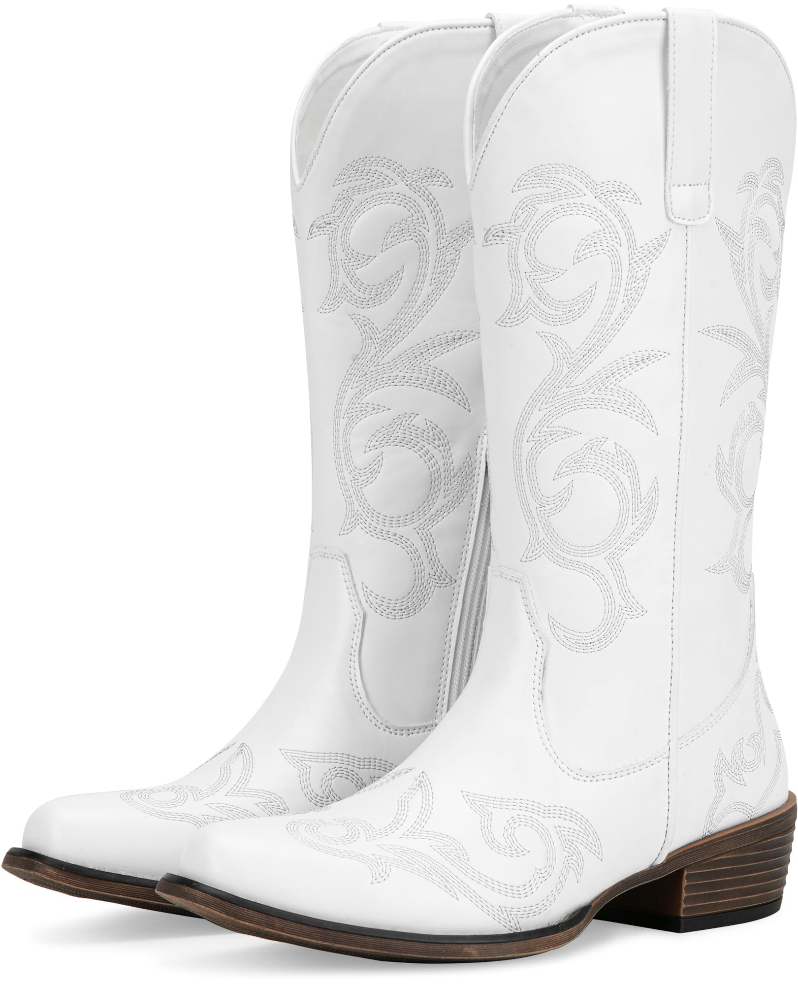 Jeossy Cowboy Boots for Women Wide Calf with Low Chunky Heel, Cowgirl Mid Calf Western Embroidered Boot Side Zipper, Round Toe Botas para Mujer for