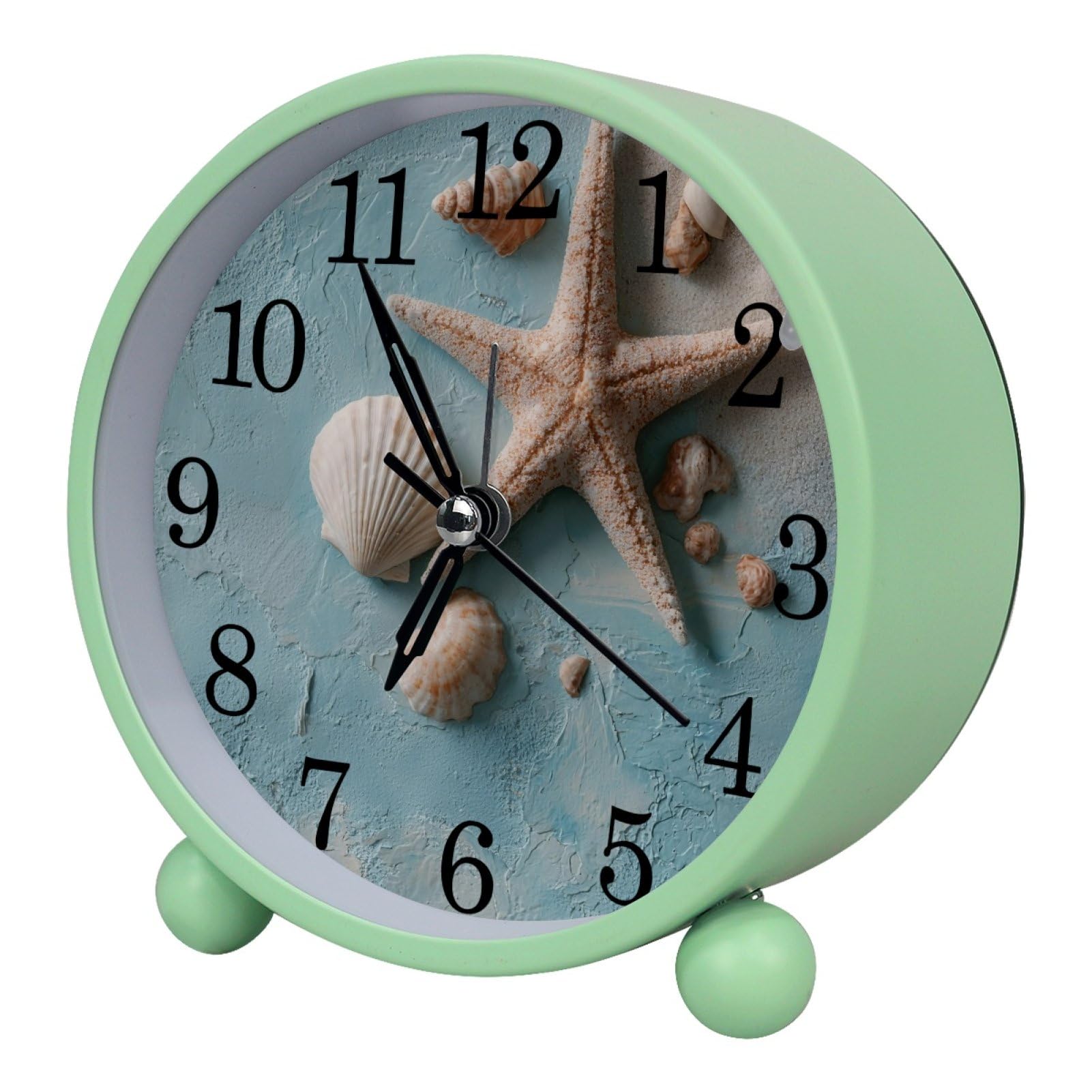 etoenbrc Starfish and Shells Silent Analog Alarm Clock Round Battery Operated Bedside Alarm Clock Plastic Table Clock for Living Room Bedroom