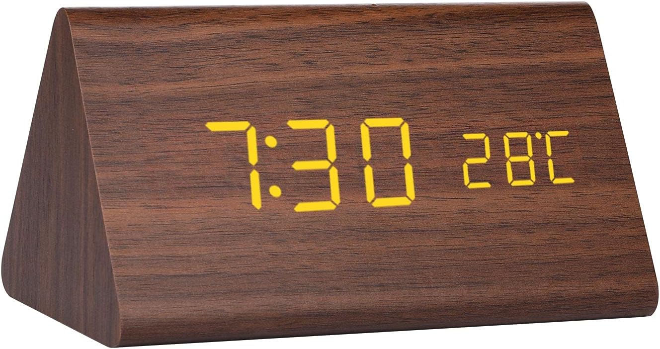 GINZER LED Digital Wood Alarm Clock, Bedside Silent Wooden Clock with