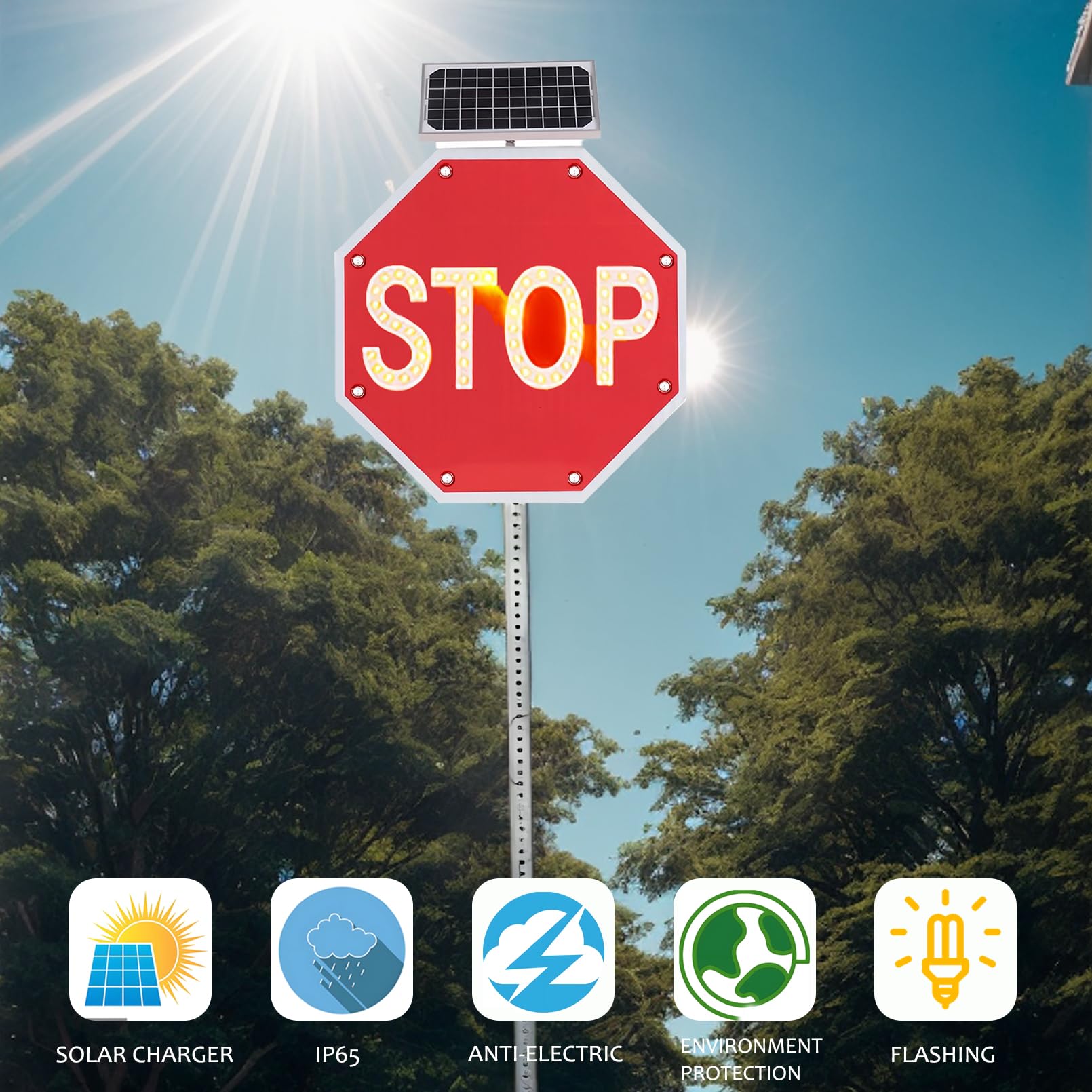 Señales solares de parada de tráfico, 61 cm, LED intermitente, marco de metal resistente, IP65, reflectante de ingeniero, borde amarillo + "STOP" amarillo, aceptar personalización