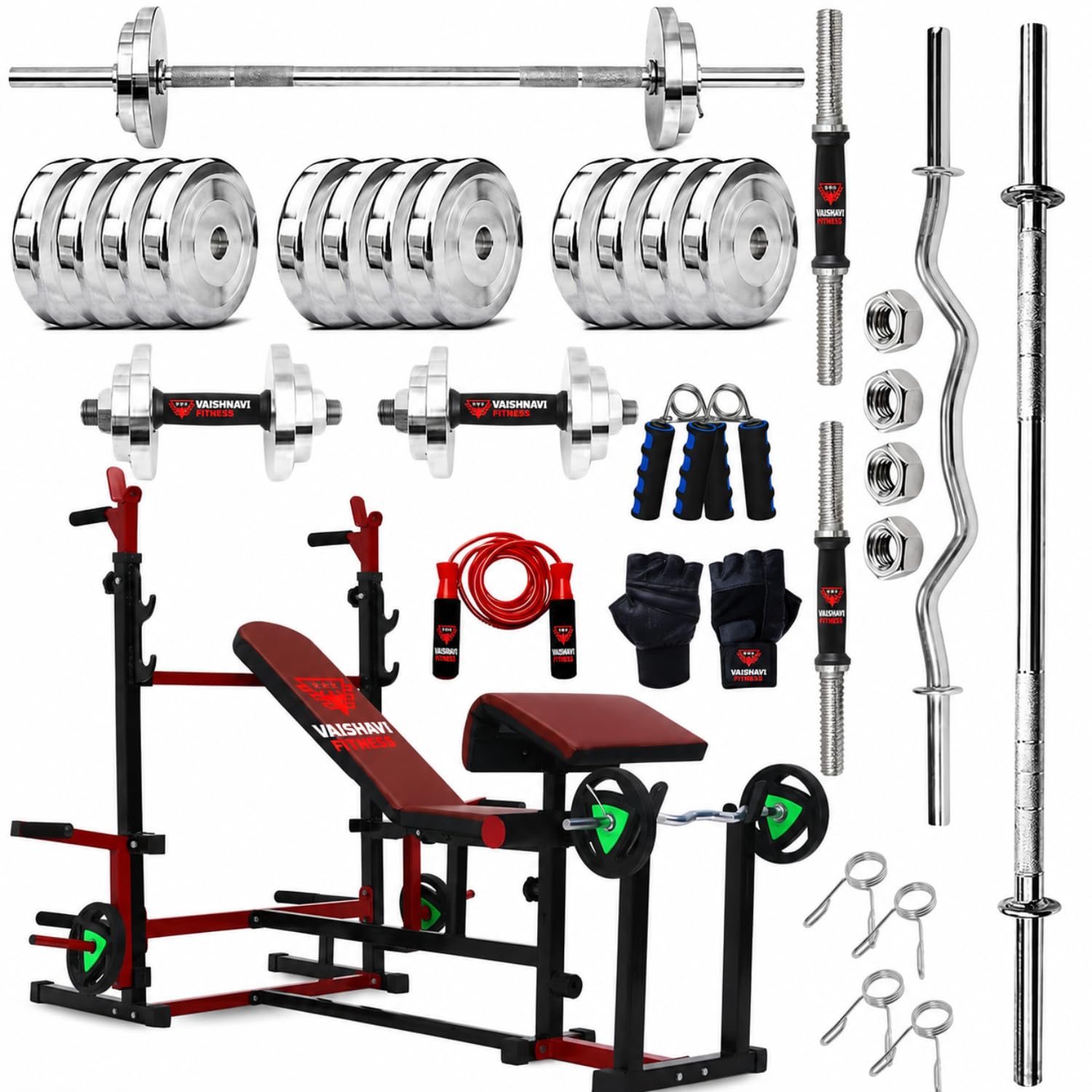 8-in-1 Adjustable Preacher Curl Bench Home Gym Set with 50KG Steel Weight Plates, 5FT Straight Barbell, 3FT EZ Curl Rod, Dumbbell Rods, Gloves, Skipping Rope & Hand Gripper-image-44