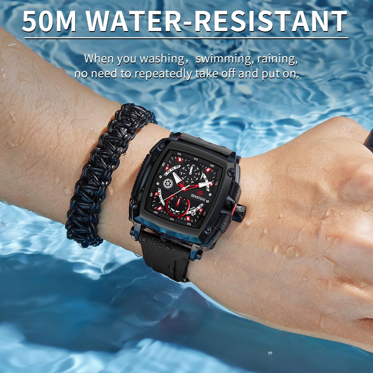 Mens Watch Square Fashion Sports Multifunction Chronograph Quartz Analog Wristwatch Gift for Men Rubber Band Silicone Strap Watches - Image 3