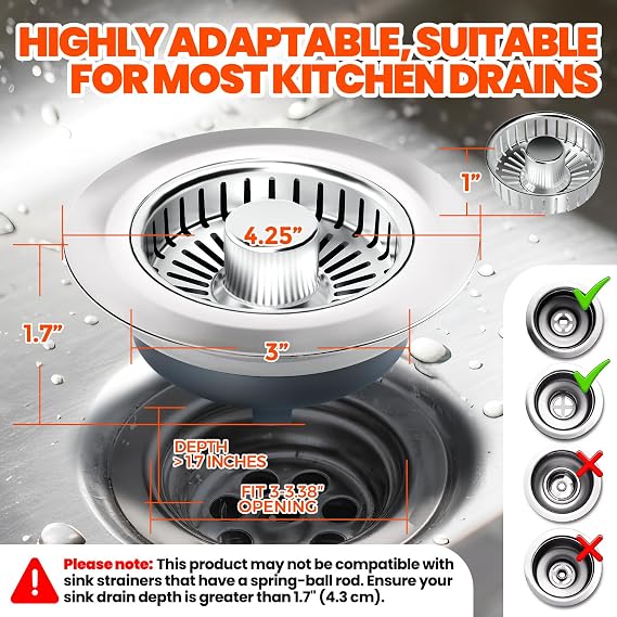 Kitchen Sink Drain Strainer & Sink Stopper, Upgraded 3 in 1 Stainless Steel Drain Plug Combo with Anti-Clog Basket, Pop Up Drain Cover for Standard 3-1/2'', Fits Double Bowl Kitchen Sinks