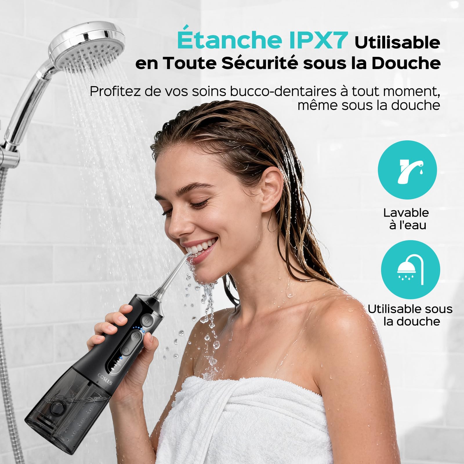 COSLUS C51 Jet Dentaire Hydropulseur Irrigateur Oral: 3 Modes & 18Niveaux, Pic Dentaire Eau pour Orthodontie, Appareil Dentaire, Gencives Sensibles, Compact pour Voyage, Noir Brillant