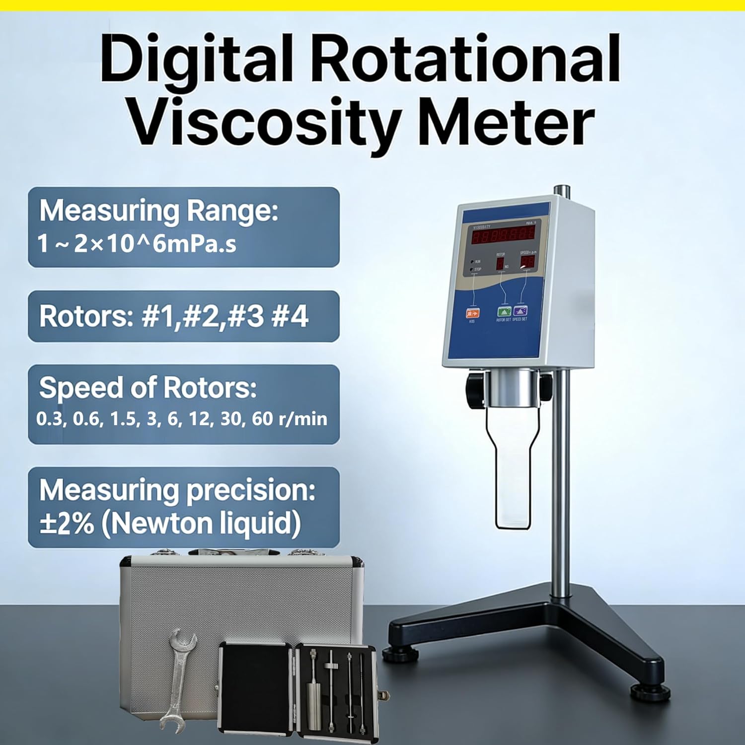 Digital Rotational Viscosity Meter Viscometer Rotary visometer Fluidimeter Viscometer with 1 to 2000000 mPa.s Accuracy ±2% Digital LCD Display with 4 Rotor Viscosity Measurement