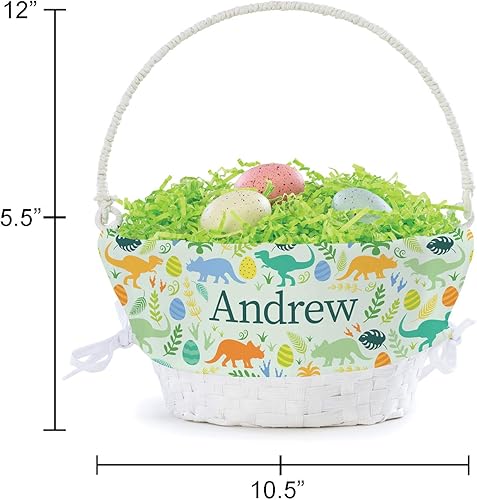 Miniatura 5 de Cesta de huevo de Pascua personalizada con patrón de dinosaurio con asa y nombre personalizado, forros de canasta de Pascua verdes, canasta blanca,