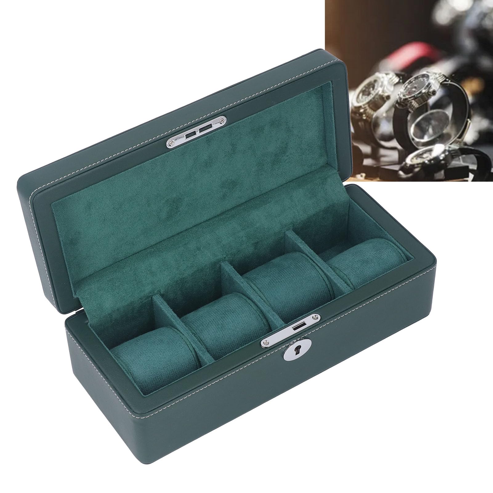 Box di Orologi a 4 Slot con Chiave in Pelle in Microfibra - Spazio di Lusso Verde per Orologi Meccanici e Display di Gioielli