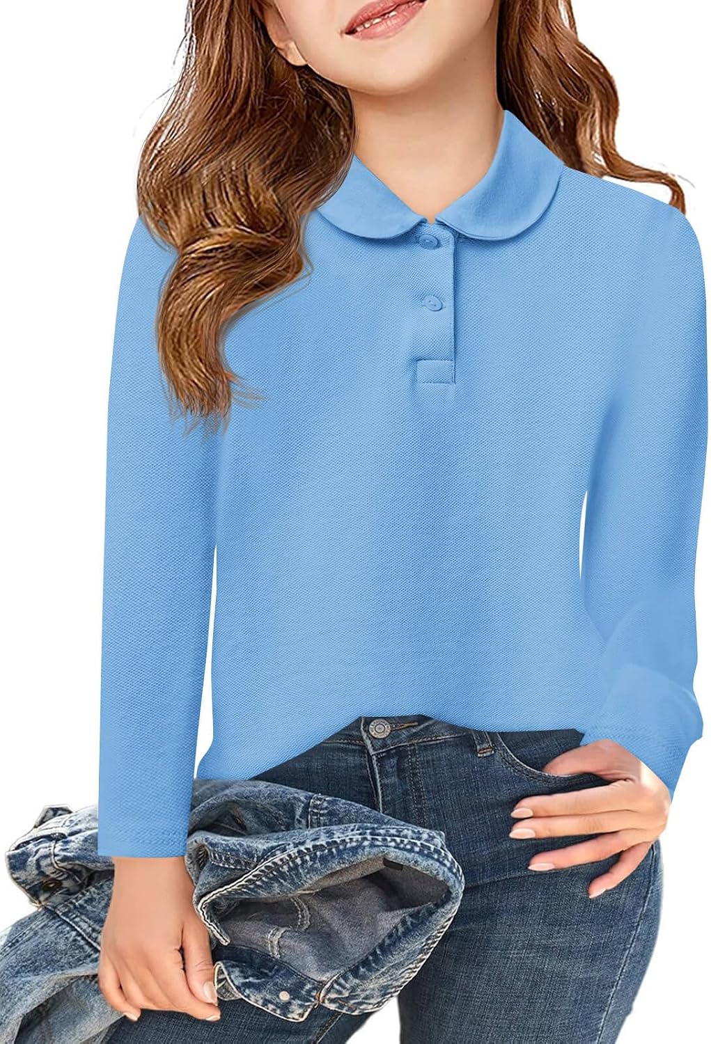 Haloumoning Girls Long Sleeve Polo Shirts Kids Peter Pan Collar School Uniform Shirts Cute Tops 5-14Y