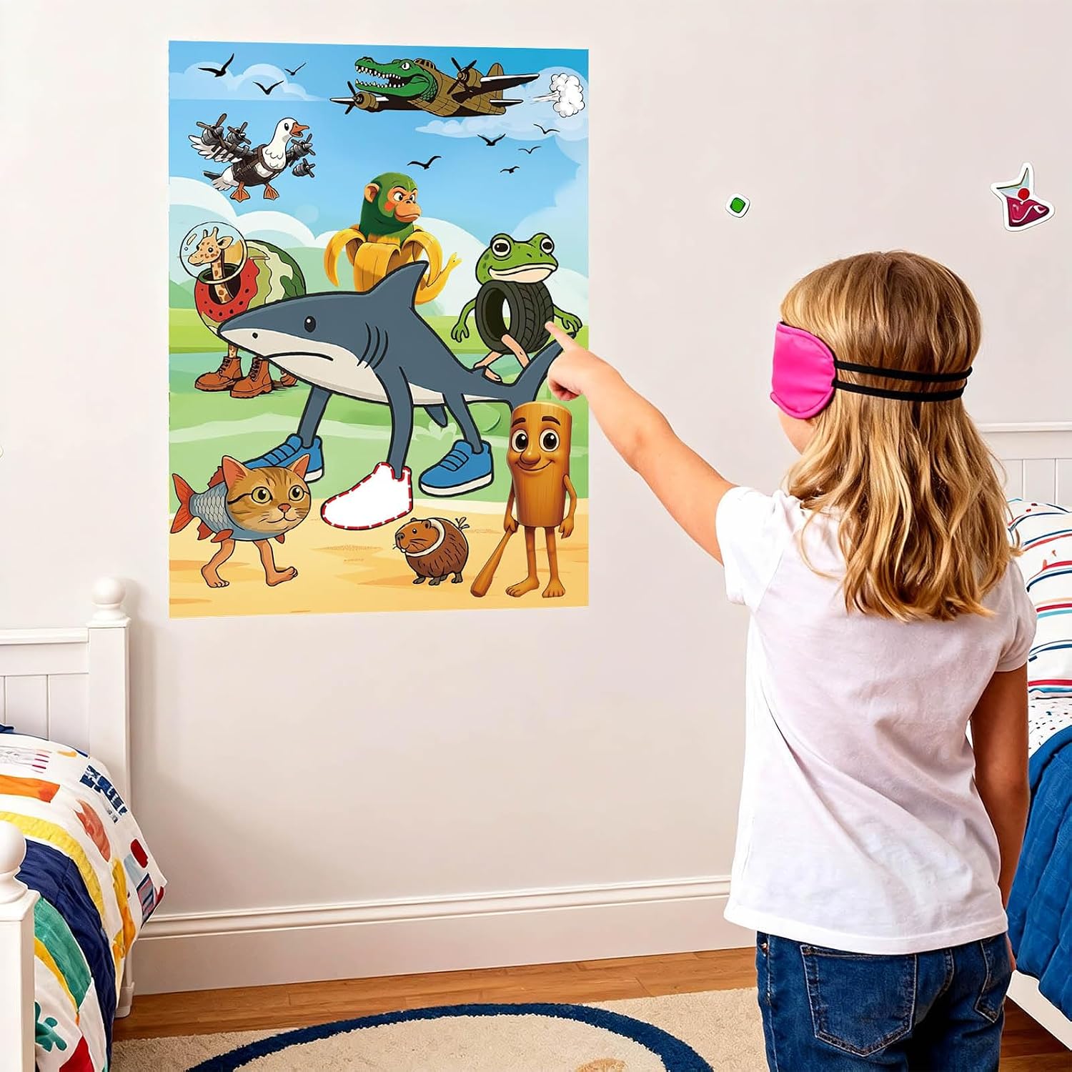 Italian Brainrot Games Pin the Stick Party Game Set, 27.75x20.07 Inch Poster with 24 Stickers and 2 Blindfolds, Kids Birthday Carnival Party Supplies(Shark)
