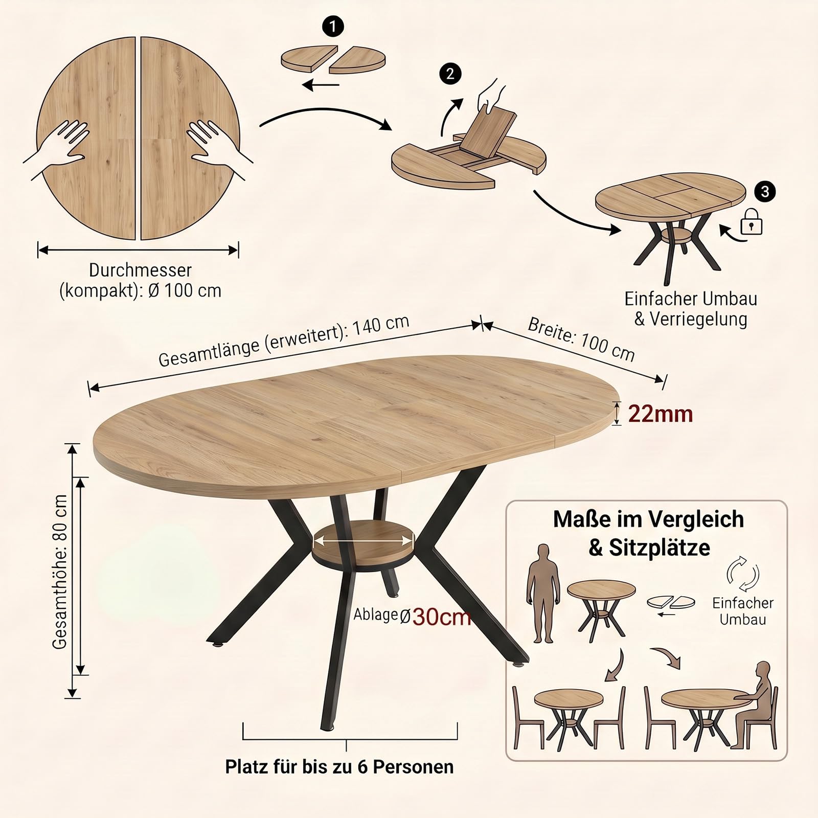 Esstisch Rund Ausziehbar, 100-140cm Rund Küchentisch Holz, Esszimmertisch Oval mit Teleskopfunktion, Wohnzimmertisch Erweiterbar mit Offenen Ablagen für Küche, Esszimmer und Wohnzimmer