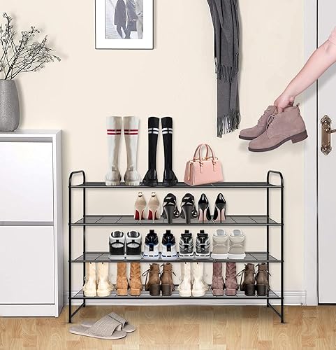 Miniatura 31 de KEETDY Organizador de zapatos largo de 4 niveles para el suelo del armario, zapatero ancho para armario, zapatero apilable para entrada, estante