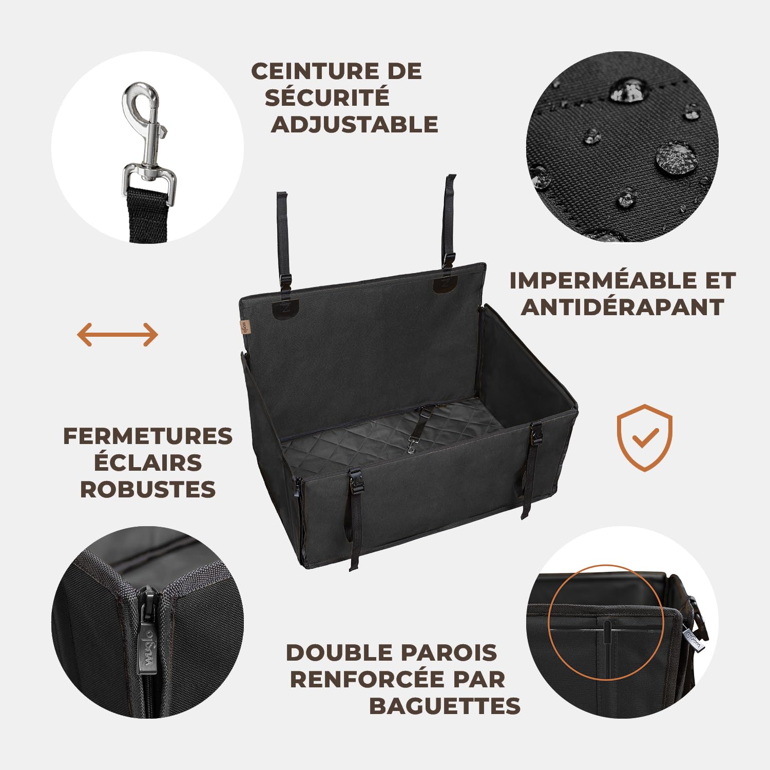 Wuglo Siège Auto Chien Extra Stable et Waterproof – Siège de Voiture renforcé avec 4 Sangles de Fixation et Ceinture de sécurité – Jusqu’à 26 kg pour Chiens de Grande Taille