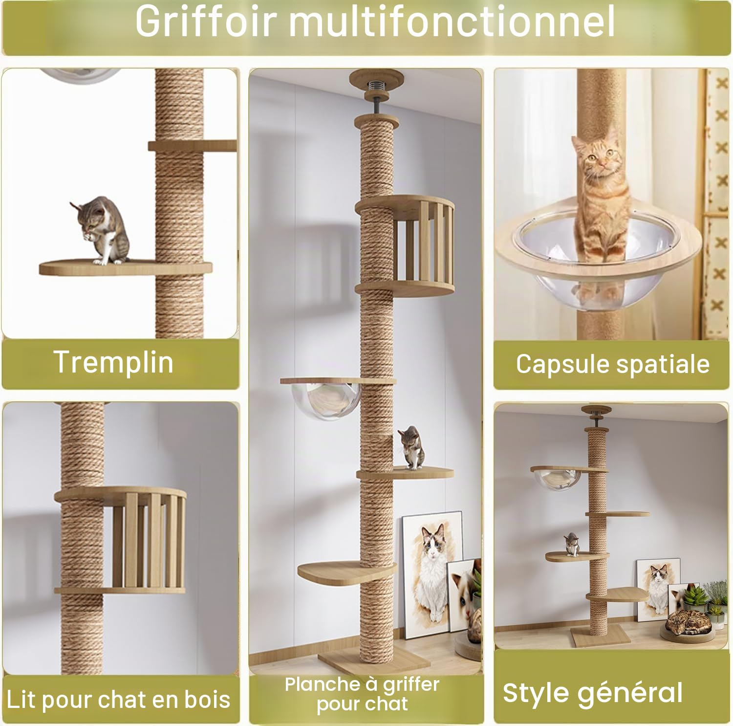 Mdpetpops Arbre à Chat du Sol au Plafond, Hauteur réglable, Grand Arbre à Chat avec griffoir de 11 cm, entièrement enveloppé avec Corde en sisal (240~250 cm, 265-275 cm T02)