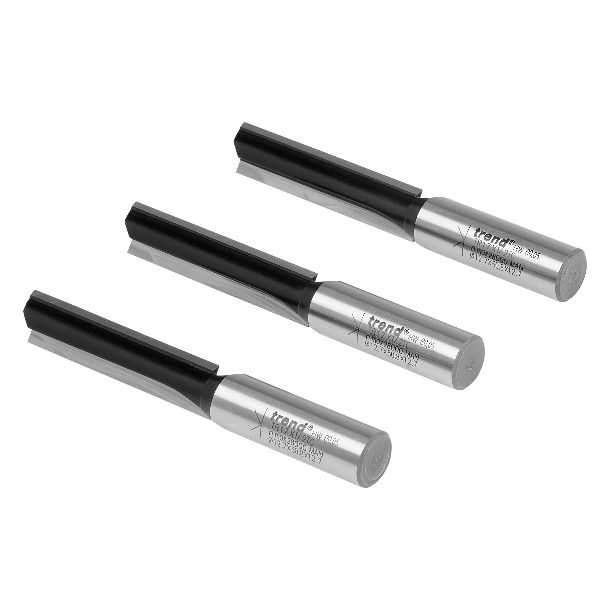 Trend Frezy proste do routera 3 szt., trzpień 1/2", węglik | Zestaw 3 frezów prostych TCT do drewna: trzpień 1/2" i płytki z węglika, precyzyjne frezowanie. TR/PACK/2