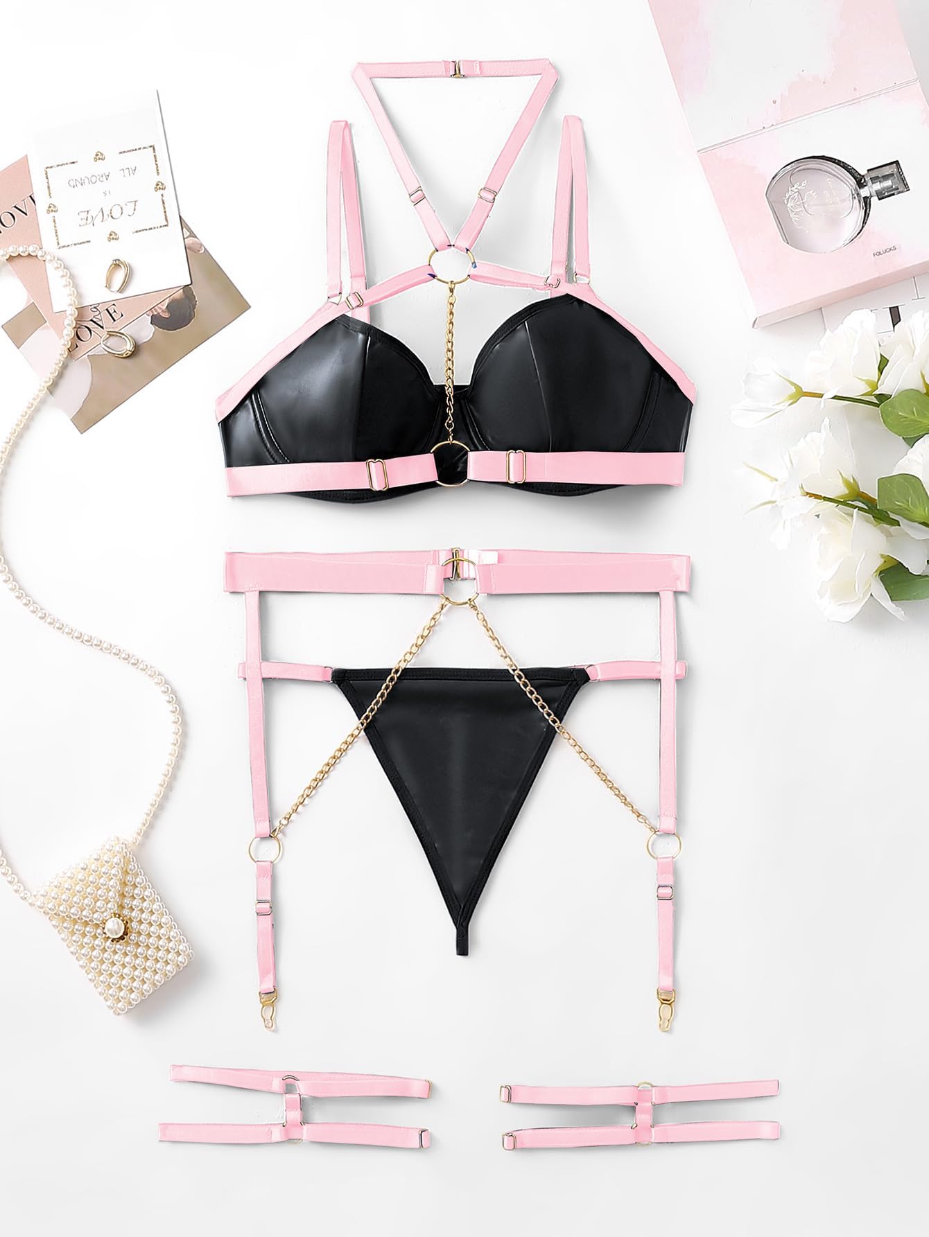 Lilosy Sexy Pu Leather Strappy Underwire Garter Belt Lingerie Set