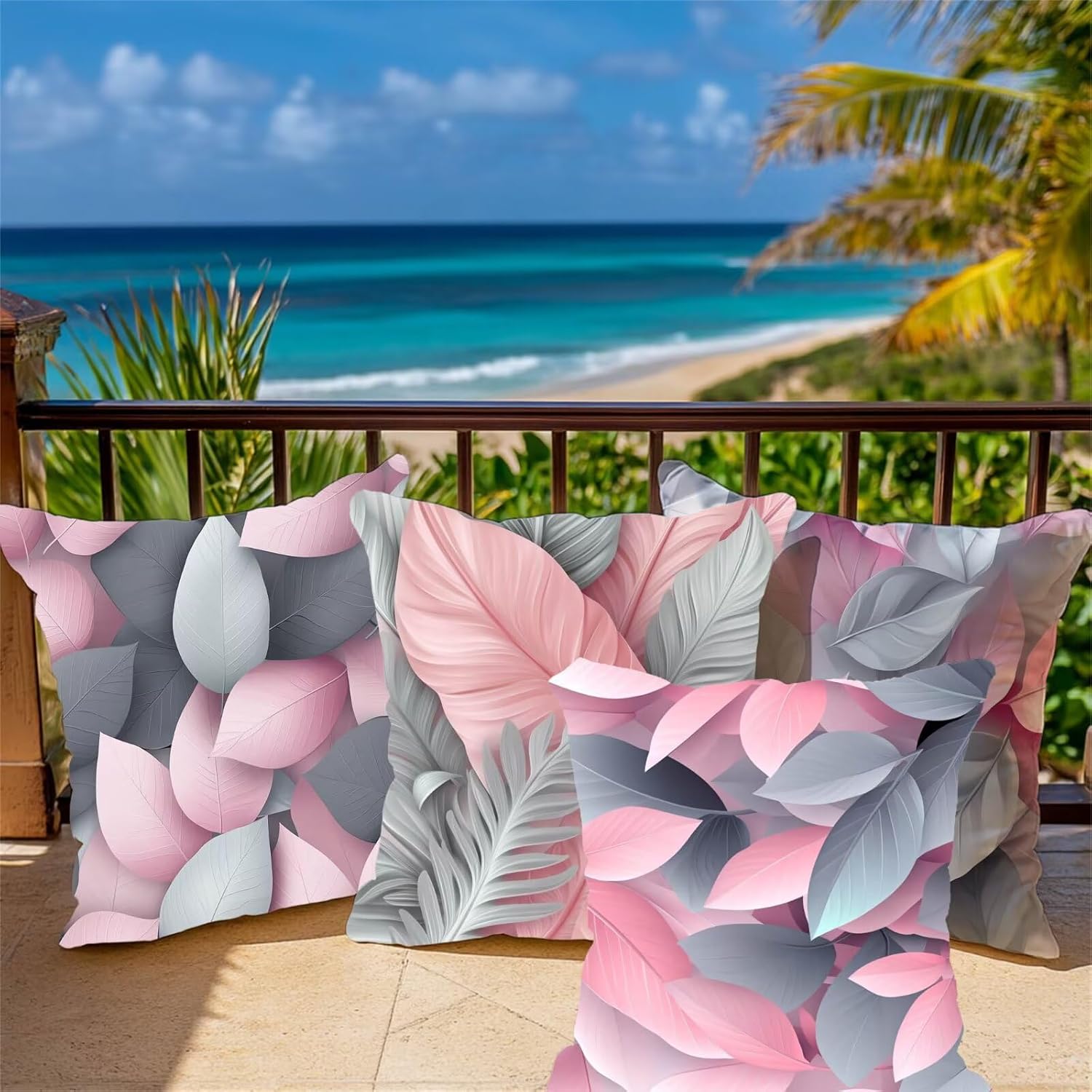 クッションカバー 80 x 80 cm 4 セット 葉 スクエア 座布団カバー 無地 両面印刷 装飾靠枕防水亜麻 隠しファスナー付き