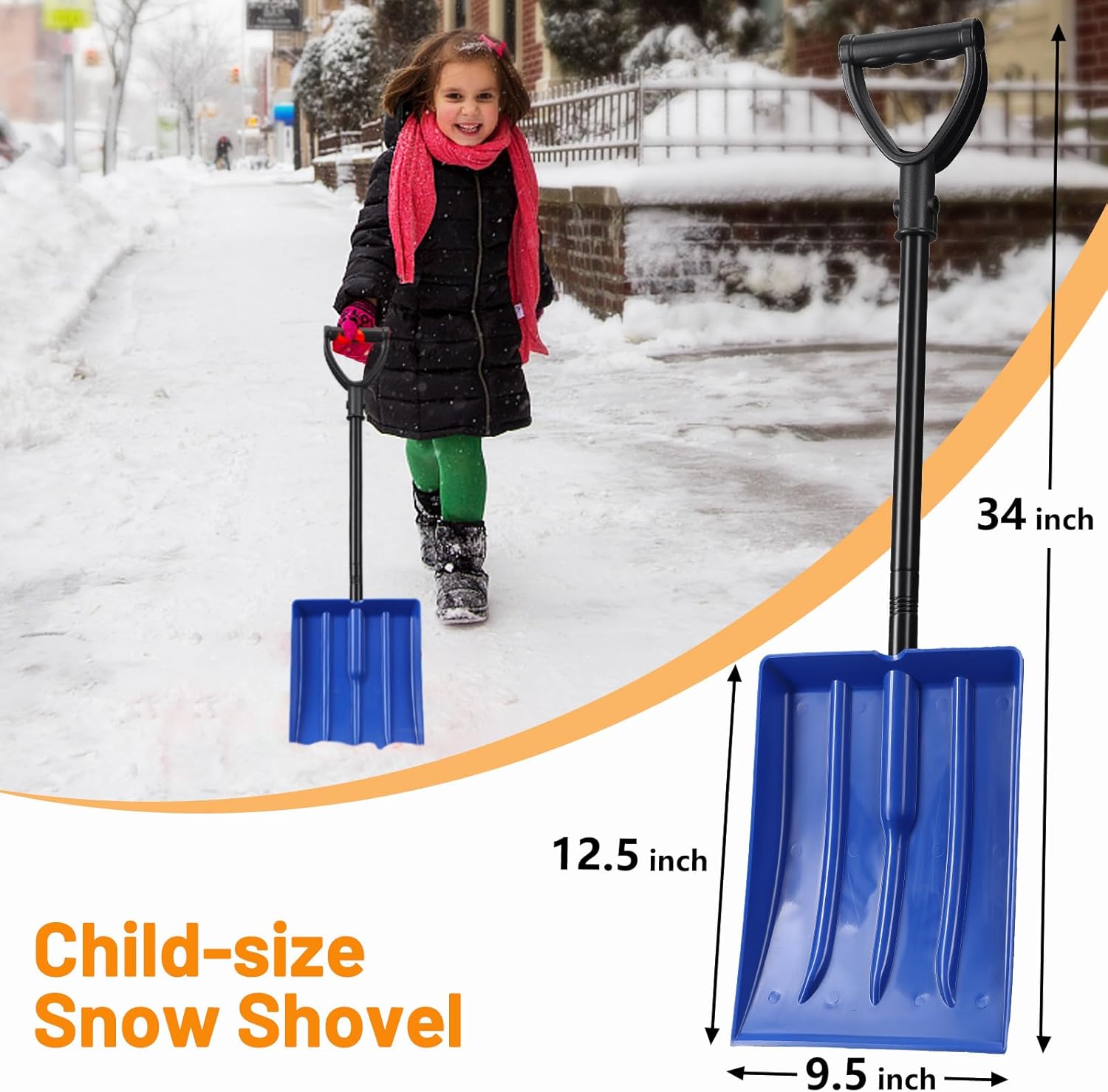 Kids Snow Shovel, Snow Shovel for Kids Toddlers Thick Plastic Shovel with Metal Handle & Ergonomic D-Grip, 32" Lightweight Small Kids Shovel Age 3-12 (Blue)