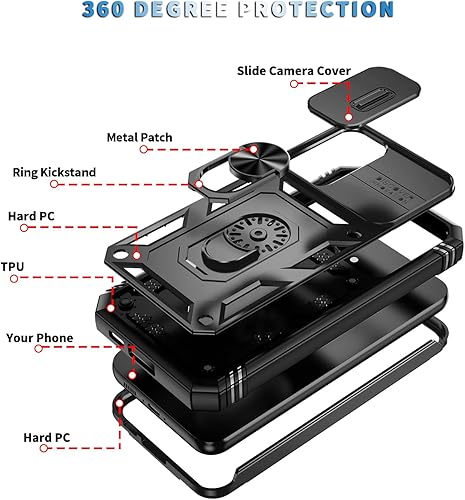 Miniatura 10 de PASNEW Funda para Samsung Galaxy S21 Ultra, cubierta de la cámara deslizante y puerto de carga, tapón antipolvo y anillo de dedo de metal de 360,