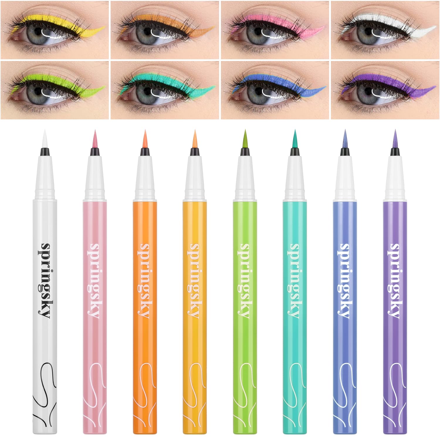 SPRINGSUGAR Macaron Eyeliner 8 Colores - Delineador de Ojos Líquido Colorido, Eyeliner Waterproof A Prueba de Manchas, de Larga Duración y Muy Pigmentado