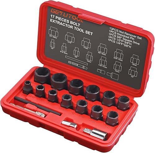 GETLITOOL Juego de 17 herramientas extractoras de pernos de impacto, 42CR-MO Juego de removedor de pernos de impacto y tuercas con estuche de